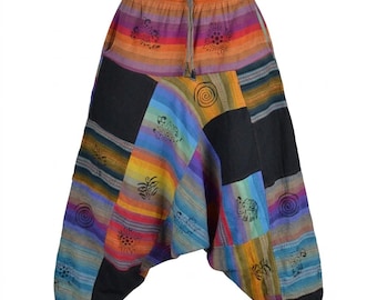 Pantalones harem hippies bohemios con patchwork, hechos a mano en algodón nepalí con bolsillos, pantalones harem étnicos holgados para hombres y mujeres, unisex.