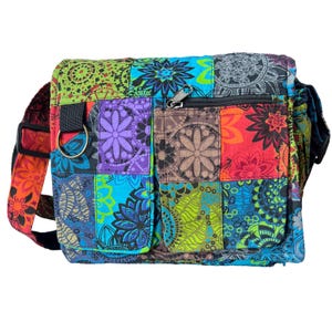 Sac bandoulière en patchwork style bohème, Besace hippie en coton à motifs mandalas, Sac à main ethnique coloré, Sac messager