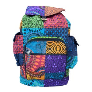Handmade Boho Patchwork Cotton Backpack, Multicolor Ethnic Travel Bag, Hippie Chic Handcrafted Schoolbag with Pockets