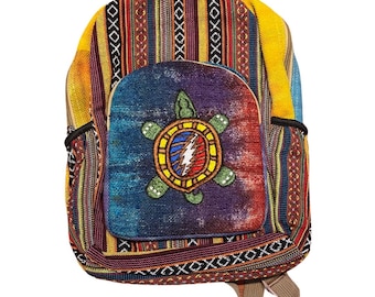 Mochila hippie em gheri e cânhamo, bolsa tartaruga Grateful Dead, bolsa boho étnica para festivais, mochila colorida feita à mão, estilo vintage.