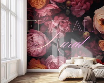 Mural de papel pintado floral oscuro, Peonía melancólica de jardín, Decoración de pared botánica romántica, Flor vintage