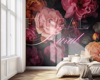 Vintage Floral Wall Art Dark Floral Wallpaper Mural, Moody Peony Romantic Flower Pink Botanical Decor