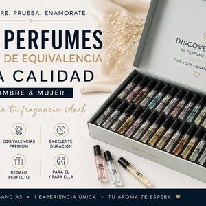 Peut inclure: Une boîte découverte avec 60 échantillons de parfum. La boîte est ouverte, révélant des rangées de petits flacons de parfum. Le texte sur la boîte indique "60 échantillons de parfum" et "Trouvez votre parfum signature". L'image contient également du texte en espagnol.