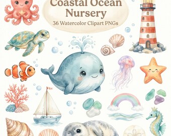 May include: A collection of watercolor illustrations featuring a pink octopus, sea turtle, clownfish, blue whale, jellyfish, starfish, seahorse, seal, sailboat, lighthouse, seashells, coral, rainbow, and bubbles with the text Coastal Ocean Nursery.