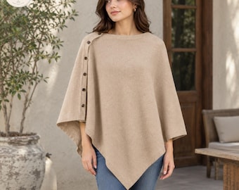 Strickponcho-Cape aus Viskose für Damen, Schulterschal mit Knopfleiste (62 x 135 cm)
