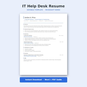 Puede incluir: Una plantilla de currículum para soporte técnico de TI editable en Microsoft Word, con un diseño limpio que incluye secciones de resumen, proyectos técnicos, experiencia, certificaciones y educación, con el nombre Jordan A. Price arriba.