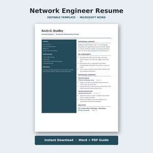 May include: A professional resume template for a network engineer, featuring a dark blue sidebar and white background. The document includes sections for contact information, certifications, core skills, professional summary, achievements, and education.