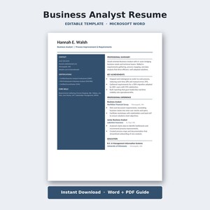 May include: A Business Analyst resume template for Microsoft Word featuring a dark blue sidebar and white background. The document includes sections for contact information, certifications, core skills, professional summary, key achievements, experience, and education.