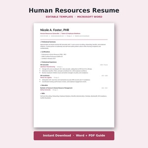 Può includere: Un modello modificabile di curriculum per le risorse umane per Microsoft Word. Il documento riporta il nome Nicole A. Foster, PHR, con sezioni per riepilogo professionale, certificazioni, esperienza lavorativa, istruzione e competenze.
