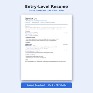 May include: A white resume template with the title "Entry-Level Resume" in blue. The resume includes sections for objective, education, experience, and skills. The bottom of the image has a blue bar with the text "Instant Download • Word + PDF Guide."