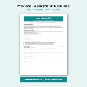 Puede incluir: Una plantilla de currículum para asistente médico en Microsoft Word de color blanco con detalles en verde azulado. El documento incluye secciones para resumen profesional, certificaciones, experiencia clínica, educación y habilidades.