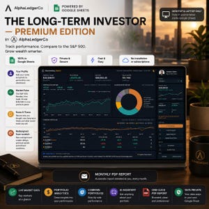 Op de afbeelding: Een digitaal dashboard voor het volgen van investeringen genaamd The Long-Term Investor Premium Edition van AlphaLedgerCo, weergegeven op een laptopscherm. De interface bevat een donkere modus, financiële grafieken en prestatiegegevens.