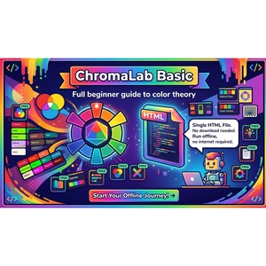 Pode incluir: Um gráfico vibrante que promove "ChromaLab Basic", um guia para iniciantes sobre a teoria das cores. O design apresenta um círculo cromático, código HTML e um robô com um laptop. O texto inclui "Single HTML File", "Run offline" e "Start Your Offline Journey!"