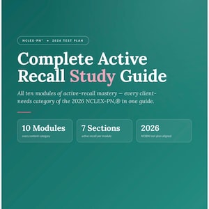 May include: A teal study guide cover titled Pulse Study Prep Nursing Exam Mastery Complete Active Recall Study Guide. It features text about the 2026 NCLEX-PN test plan, 10 modules, 7 sections, and mentions active recall, mnemonics, scenarios, and a 30-day plan.