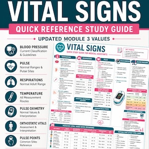 Op de afbeelding: Een donkerblauwe educatieve poster getiteld Adult Vital Signs Quick Reference Study Guide. Het bevat iconen en tekst over bloeddruk, hartslag, ademhaling, temperatuur en zuurstofsaturatie, inclusief een tabel met pediatrische vitale functies.