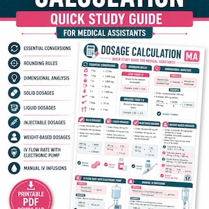 May include: A Dosage Calculation Quick Study Guide for Medical Assistants featuring sections on conversions, rounding rules, dimensional analysis, solid, liquid, and injectable dosages, weight-based dosages, IV flow rates, and manual IV infusions.