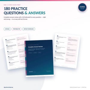 Op de afbeelding: Een digitale studiegids getiteld 180 Practice Questions & Answers voor de voorbereiding op het NHA CCMA-examen. Het document heeft een donkerblauwe omslag met de tekst Complete Answer Review, naast twee voorbeeldpagina's met vragen.