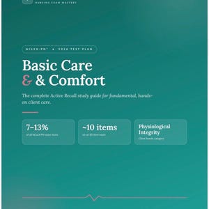 May include: A teal educational study guide titled Pulse Study Prep Nursing Exam Mastery for the NCLEX-PN 2026 Test Plan. The text reads Basic Care & Comfort, The complete Active Recall study guide, 7-13%, ~10 items, and Physiological Integrity.
