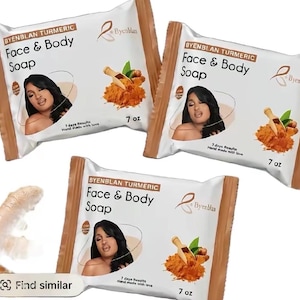 May include: Three rectangular white packages of Byenblan Turmeric Face & Body Soap, each weighing 7 oz. The packaging features a graphic of a person, a wooden scoop with turmeric powder, and the text Byenblan Turmeric Face & Body Soap.