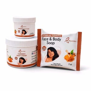May include: Two white jars labeled Byenblan Turmeric Face Cream and Turmeric Body Cream, alongside a white and orange packet of Byenblan Turmeric Face & Body Soap. The jars are 2 oz and 8 oz, and the soap packet is 7 oz, all featuring branding.