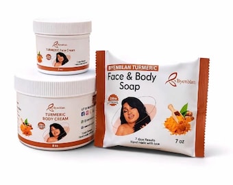 Set de cuidado facial con cúrcuma Byenblan: Crema facial 59 ml, Crema corporal 237 ml, Jabón facial y corporal 198 ml.