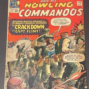 Peut inclure: Couverture de bande dessinée vintage pour "Sgt. Fury and His Howling Commandos" n°11. La couverture présente une illustration dynamique de soldats en action, avec des couleurs vives et du texte en gras. La bande dessinée est de Marvel Comics.