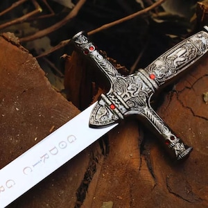 Peut inclure: Une épée argentée dotée d'une garde ornée et texturée avec de petits accents rouges et un pommeau serti d'une pierre rouge foncé. La lame est lisse et métallique, avec le texte GODRIC GRYFFINDOR gravé clairement sur la surface plane.