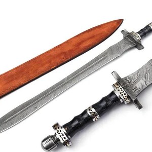 Hand Forged Damascus Steel Viking Sword, Handmade Medieval Sword with Leather Sheath