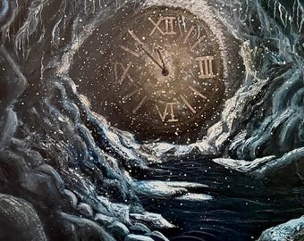 Pintura de paisagem invernal escura: "Preservação" Acrílico sobre tela original