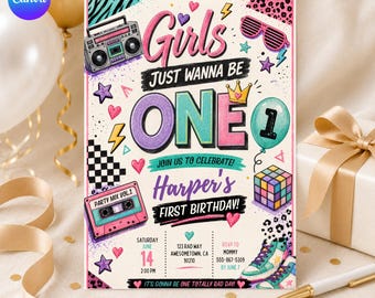 Girls Just Wanna Be One Birthday Invitation Template | 80s First Birthday Invite | Retro Party Theme | Editable Canva (Digital Download)