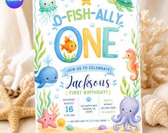 O-fish-ally One Geburtstagseinladung Vorlage | Unter dem Meer Erster Geburtstag | Ozean-Thema einladen | Bearbeitbare Leinwand (Digitaler Download)