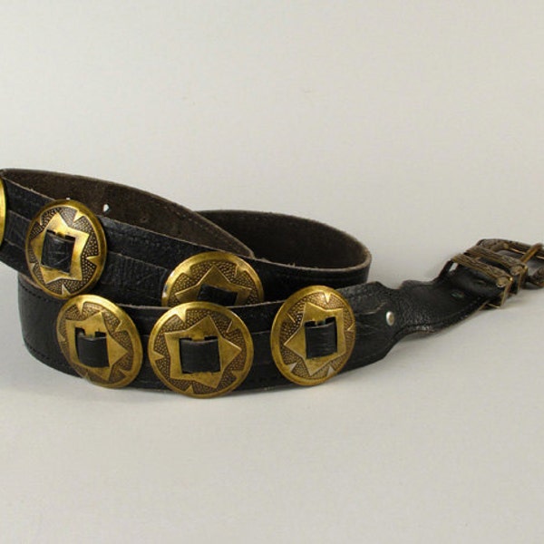 L.W. Paris Brass Medallion Black Leather Western Belt, vintage designer accessories 1940s