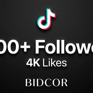 Può includere: Una grafica nera con il logo TikTok in bianco, ciano e magenta in alto. Sotto, il testo bianco recita 1500+ Followers e 4K Likes. In basso, la parola BIDCOR è visualizzata in lettere maiuscole bianche su uno sfondo scuro.