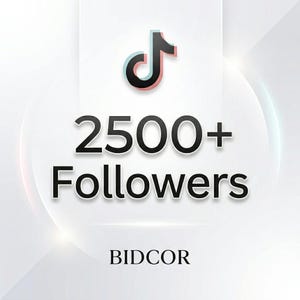 Puede incluir: Gráfico con el logo de TikTok y el texto "2500+ Followers" en negrita, negro. El logo es una nota musical estilizada en negro, rojo y turquesa. La palabra "BIDCOR" está en la parte inferior en una fuente más pequeña.