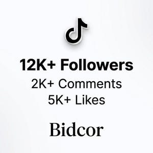 Könnte beinhalten: Eine grafische Darstellung mit dem schwarz-weißen TikTok-Logo oben, gefolgt von dem Text 12K+ Followers, 2K+ Comments, 5K+ Likes und dem Wort Bidcor in einer fetten schwarzen Serifenschrift, zentriert auf einem schlichten weißen Hintergrund.