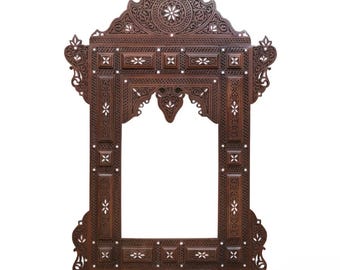 Syrian Mother-of-Pearl and Bone Inlaid Walnut Wall Mirror, one of a kind