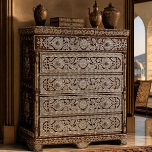 Puede incluir: Una cómoda de madera de color marrón oscuro con cinco cajones horizontales, cada uno adornado con intrincados patrones de flores y enredaderas en incrustaciones blancas. Incluye pomos redondos a juego y una base decorativa con detalles similares.