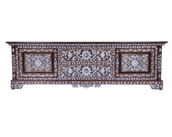 Syrian Mother-of-Pearl and Bone Inlaid Walnut Low Media Console with Drawers and Cupboards, one of a kind