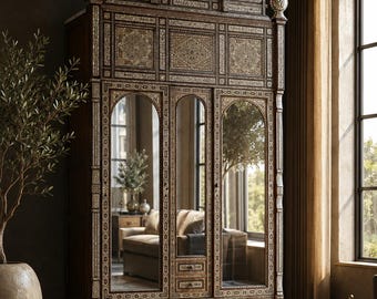 Syrian Damascene Mother-of-Pearl Inlaid Armoire with Cusped Mirror Doors, one of a kind