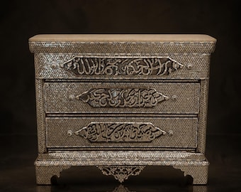 Syrian Mother-of-Pearl Mosaic Chest of Drawers with Calligraphic Cartouches, Early 20th Century, one of a kind