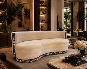 Mother-of-Pearl Inlaid Damascene Curved Sofa with Cream Upholstery, one of a kind