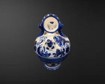 Botijo (récipient à boire) en faïence espagnole bleu et blanc, unique en son genre