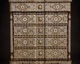Syrian Mother-of-Pearl Inlaid Serpentine Five-Drawer Chest, Early 20th Century, one of a kind
