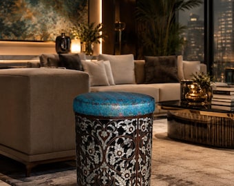 Mother-of-Pearl Inlaid Damascene Ottoman with Brocade Silk Top, one of a kind
