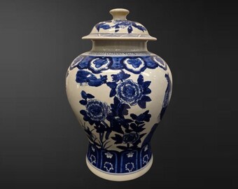 Pot balustre chinois bleu et blanc « Pivoine », unique en son genre
