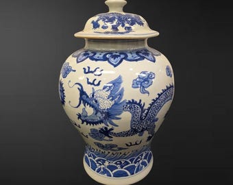 Pot balustre chinois bleu et blanc « Dragon and Pearl » avec couvercle, uniques en leur genre