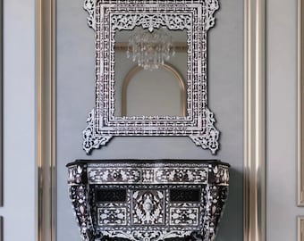 Syrian Damascene Mother-of-Pearl and Bone Inlaid Walnut Console Cabinet with Mirror Back, one of a kind