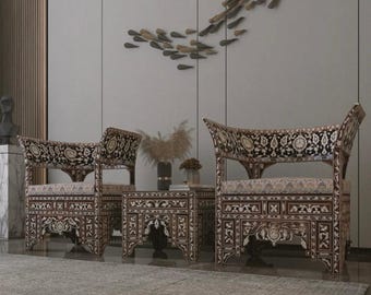 Syrian Mother-of-Pearl Inlaid Three-Piece Salon Set: Pair of Arched-Back Armchairs with Side Table, one of a kind