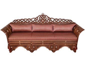 Syrian Mother-of-Pearl Inlaid Carved Walnut Settee, one of a kind