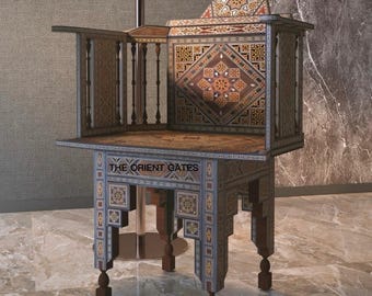 Mother of pearl accent armchair, hand carved walnut statement chair, syrian damascene lounge seating, made to order
